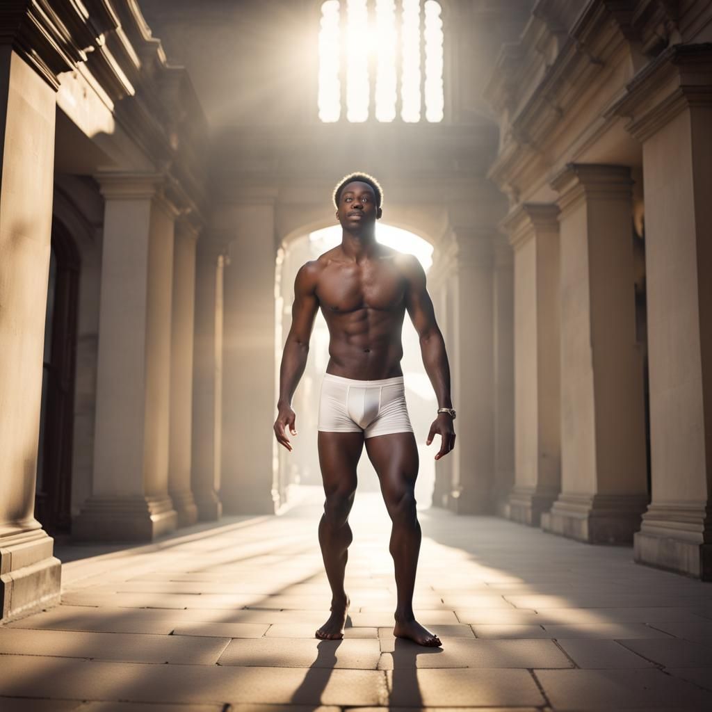 Man Descending Manor Stairs in Divine Light