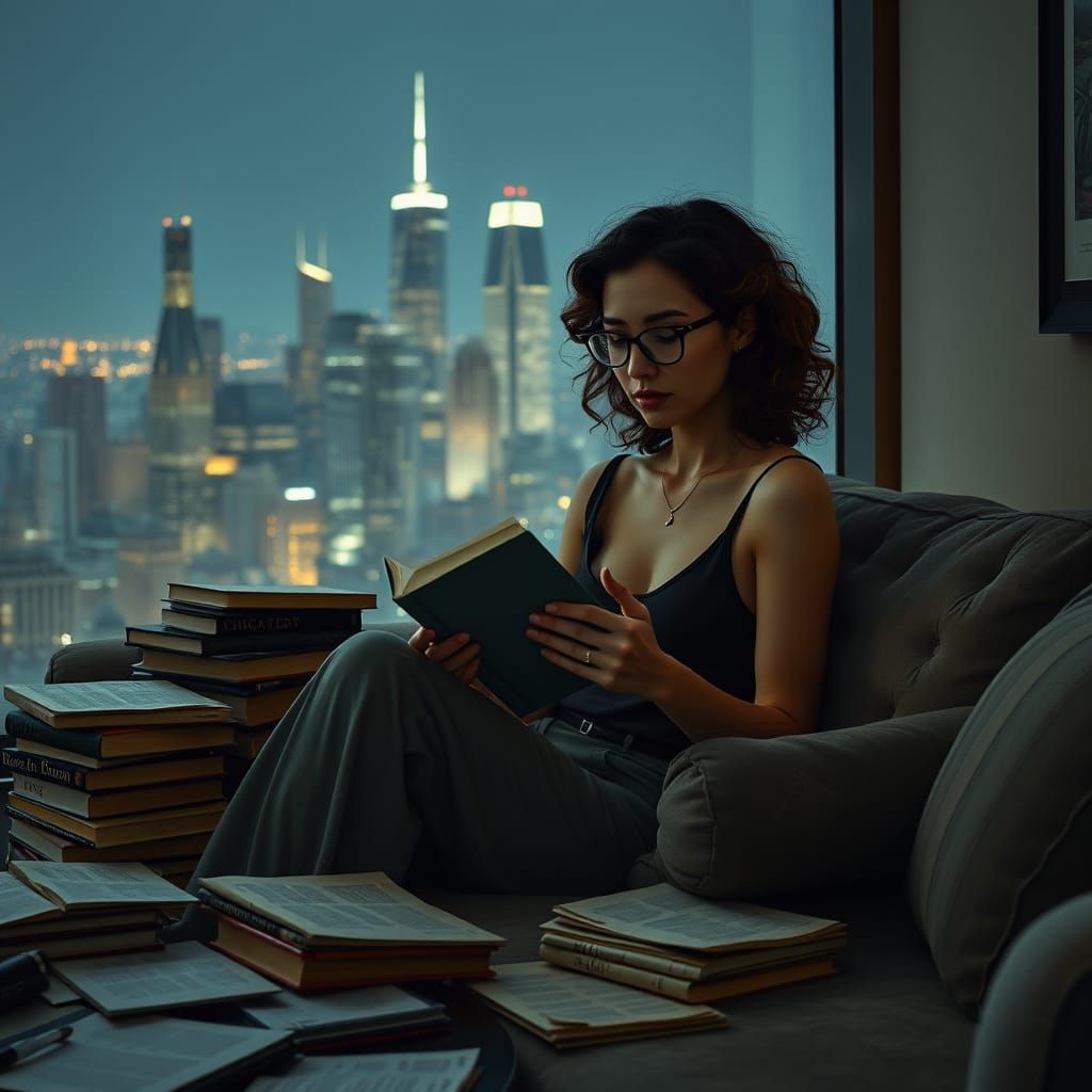 Elegant Woman Lost in Thought on a City Couch