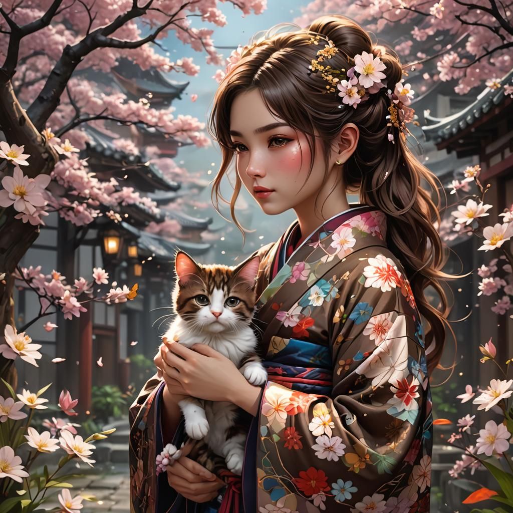 Kimono Girl with Kitten in Flower Storm