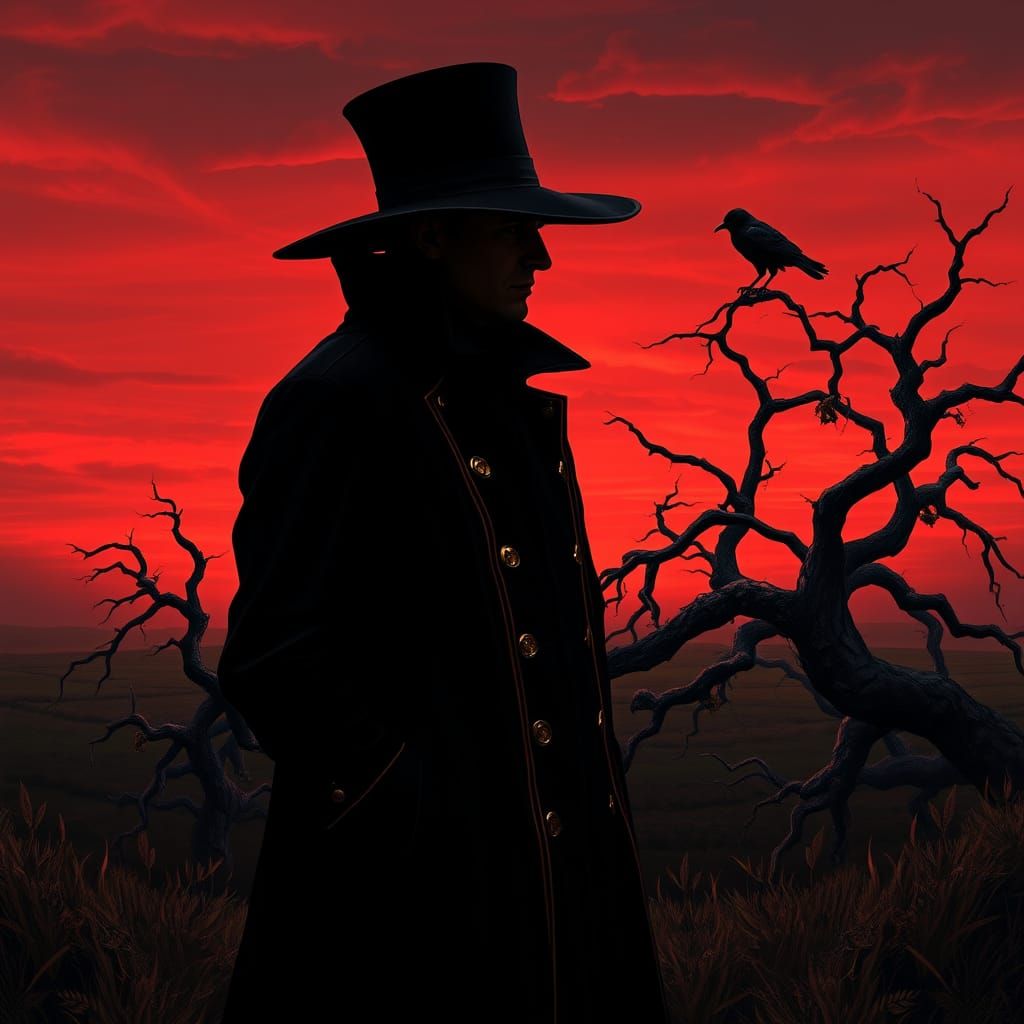 Mysterious Figure in Crimson Sky: Concept Art