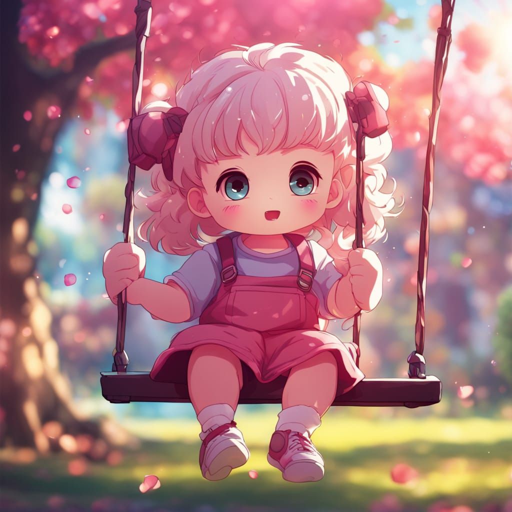 Anime Toddler on Swing in Kawaii Style