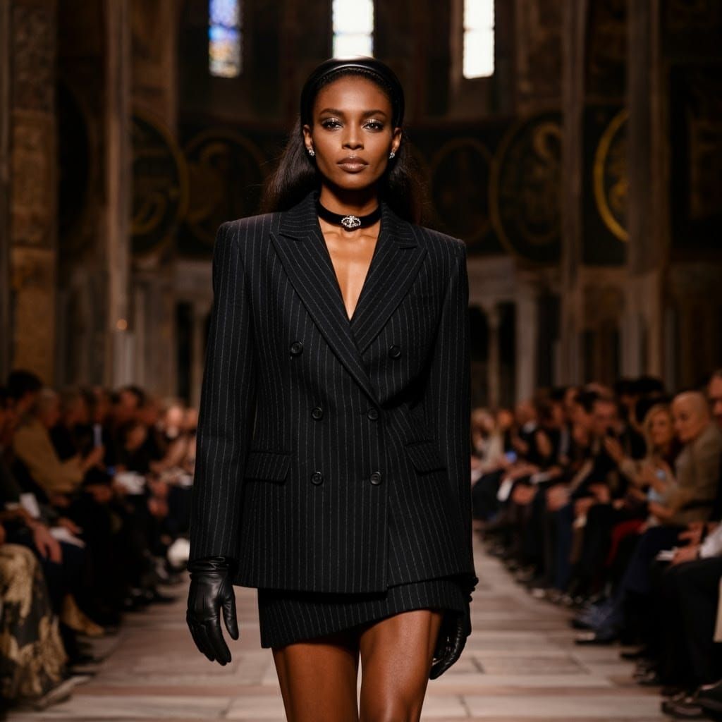 Elegant Woman Strides Through Byzantine Basilica in Haute Co...