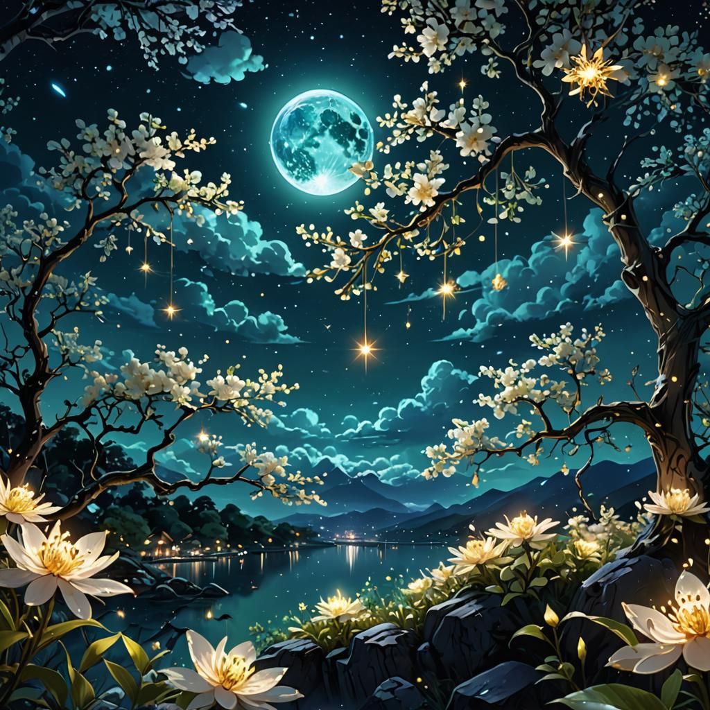 Mystical Midnight Scene with Jeweled Key in Anime Style