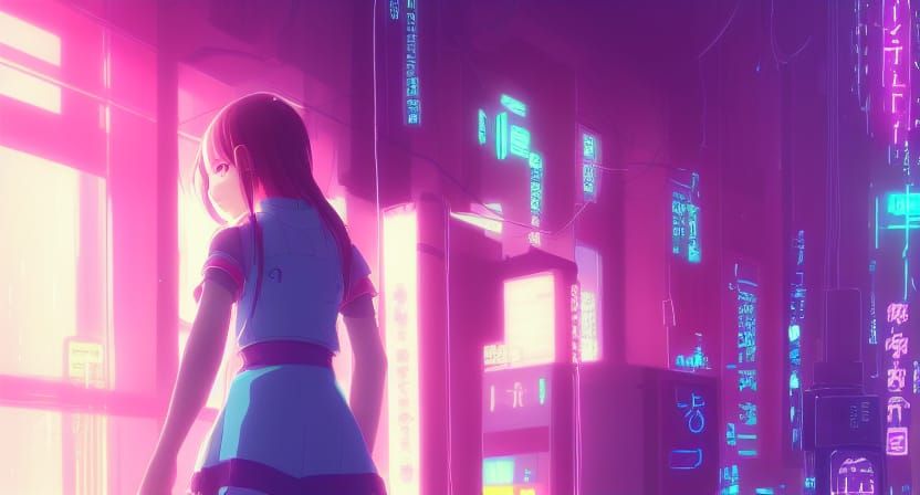 Glitch Anime Girl in Cyberpunk Style