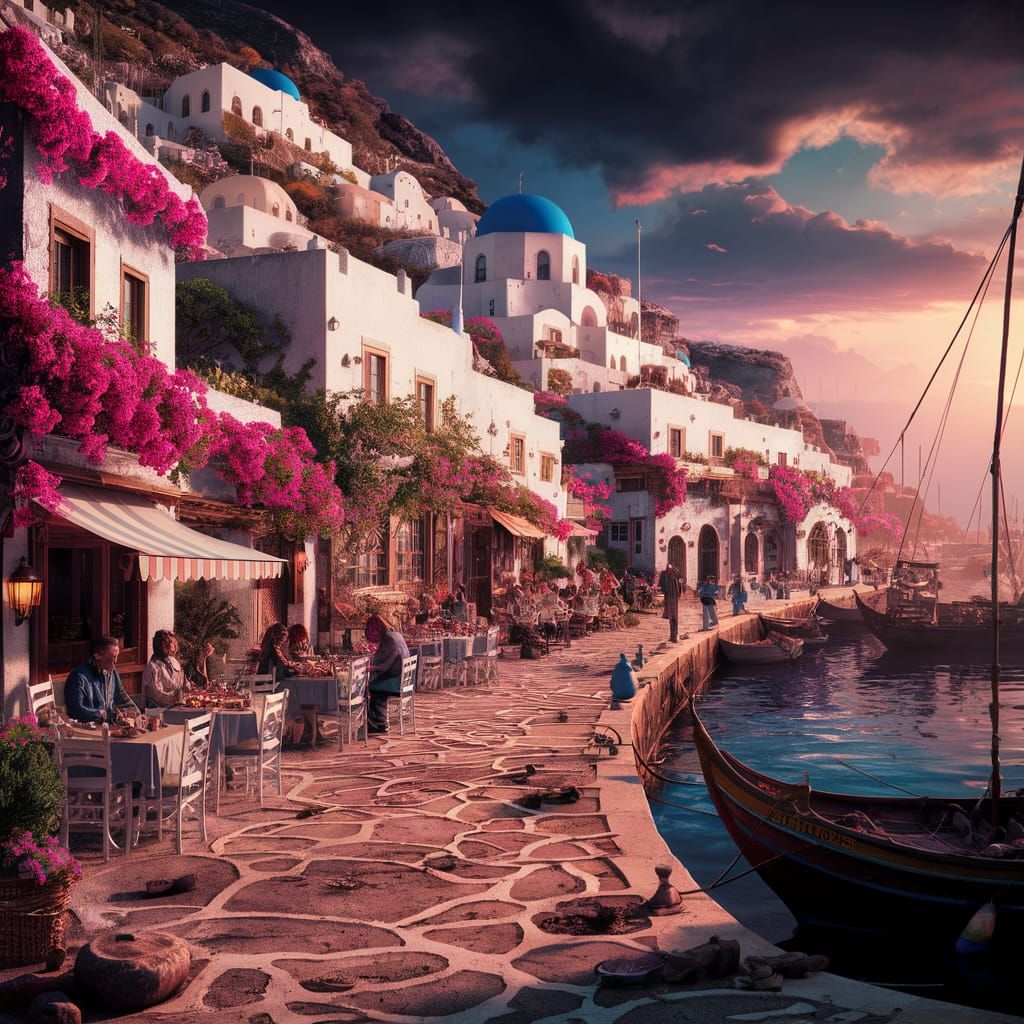 Mediterranean Village at Sunset: A Matte Painting