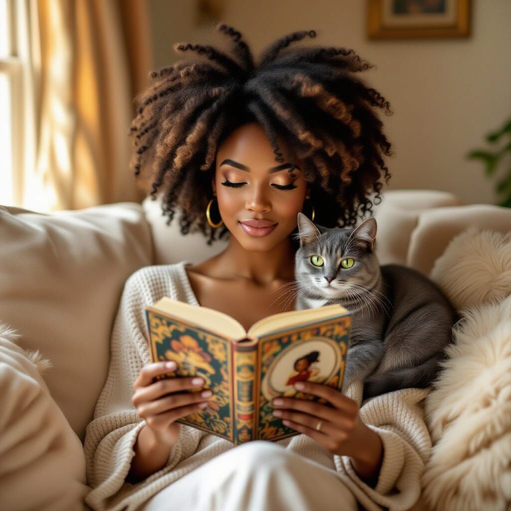 Serene Woman Reading with Cat, Realistic Digital Art