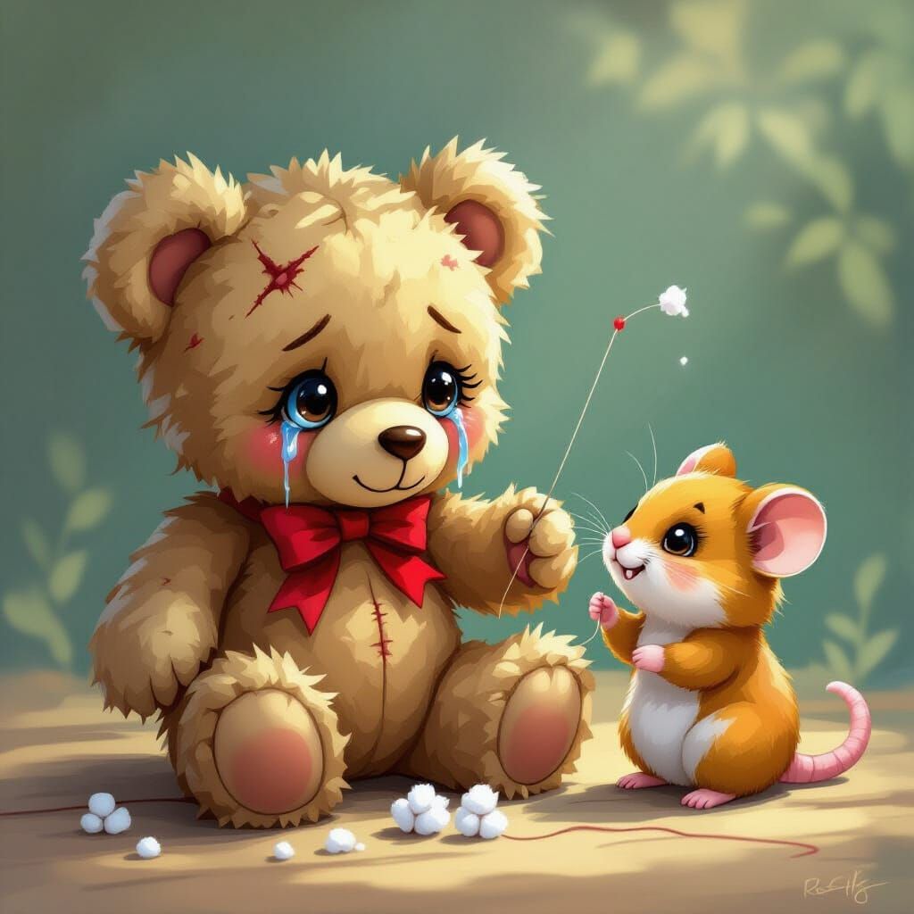 Sad Teddy Bear Receives Thread from Hamster