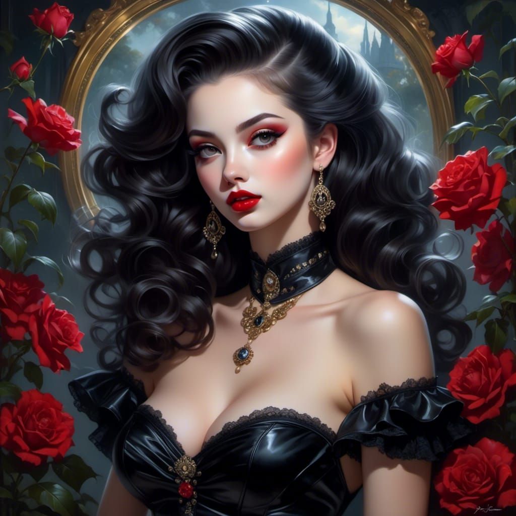 Gothic Spanish Woman in Latex Lingerie: Oil Painting