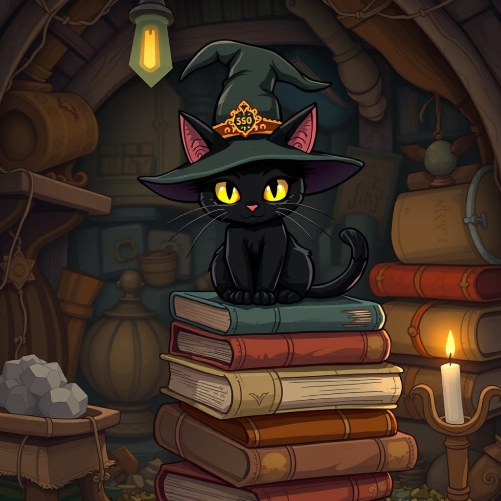 Black Cat in Witch Hat, Cartoonish Style