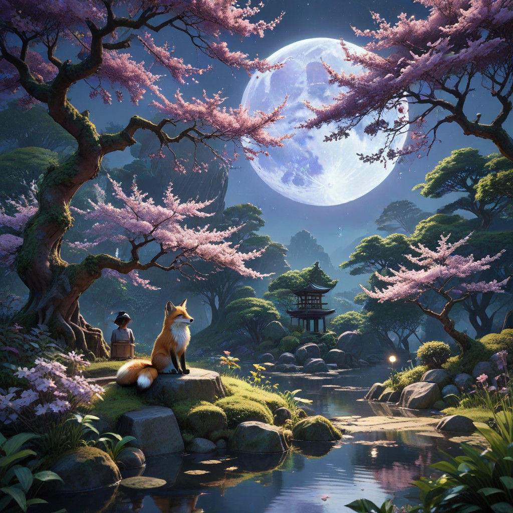 Harmonious Bonsai Garden Scene with Fox and Japanese Woman u...