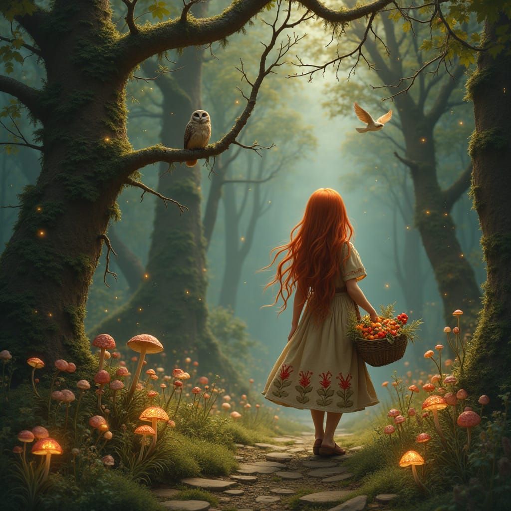 Girl in Enchanted Forest with Vibrant Red Hair and Handwoven...