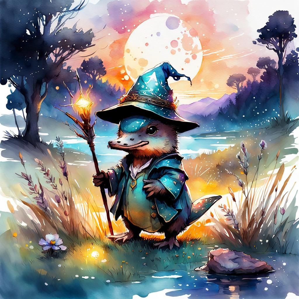 Cute Platypus Wizard in Night Meadow, Digital Watercolor