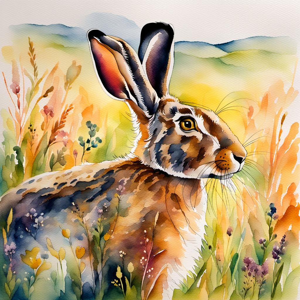 Hare in Meadow: Watercolour Impressionist Painting