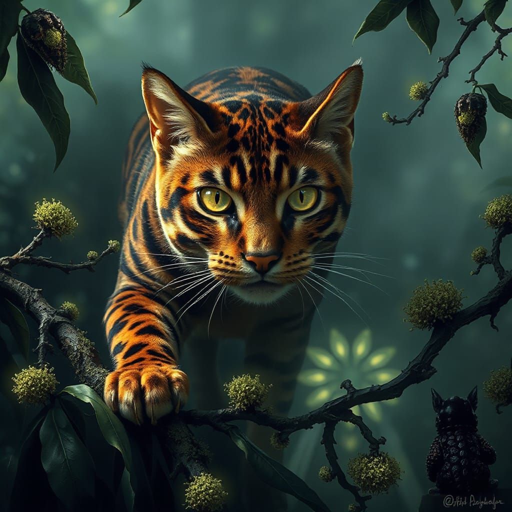 Bengal Cat Prowls Jungle with Bioluminescent Vines