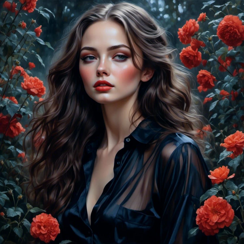 Beautiful Woman with Transparent Skin in Dark Garden