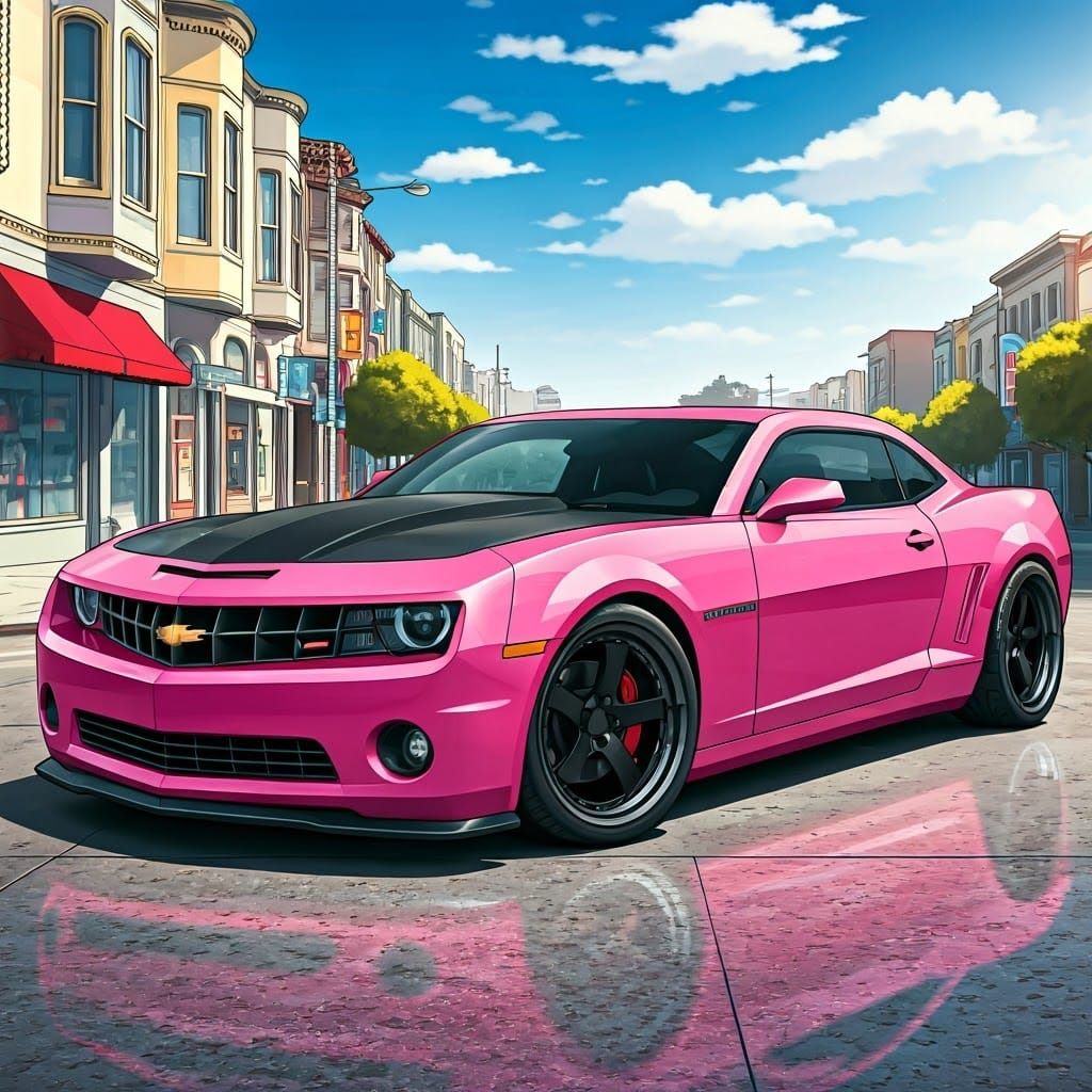 Magenta Camaro on San Francisco Street in Anime Style