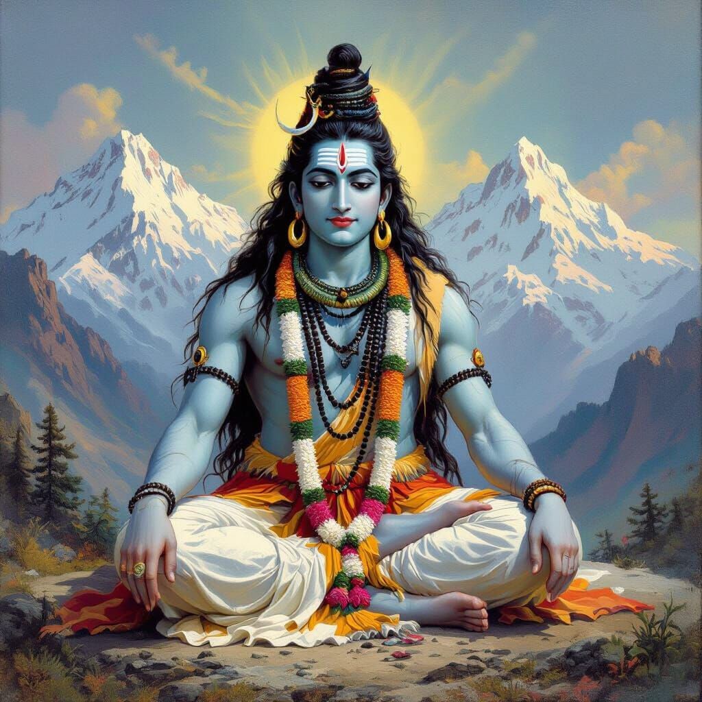 Majestic Shiva in Himalayan Landscape, Mixed Media