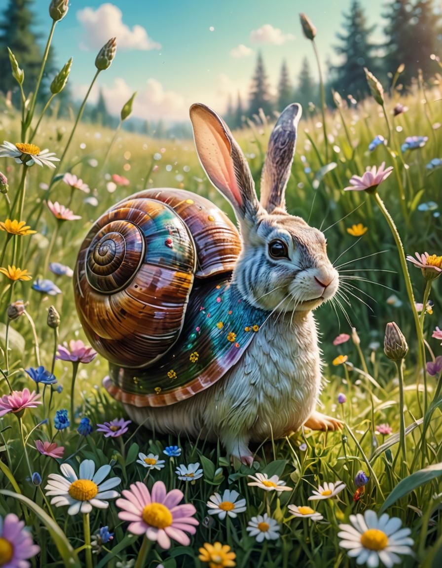 Ethereal Snail-Rabbit in Lush Meadow