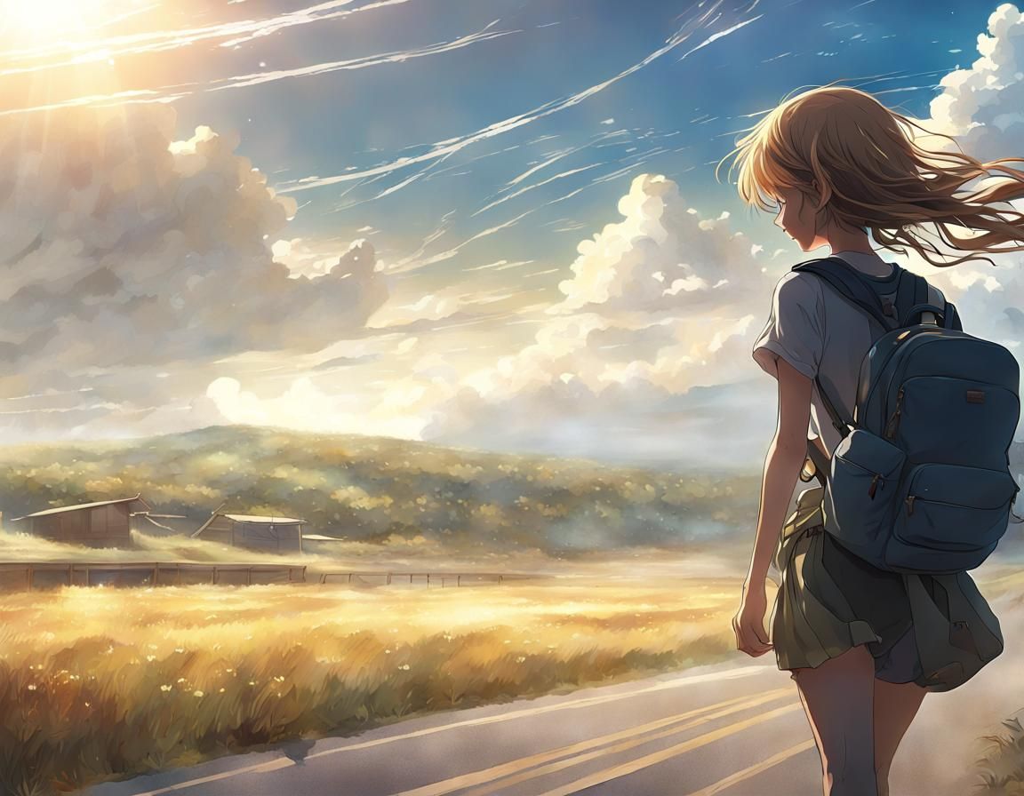 Windswept Girl Runs Towards the Horizon