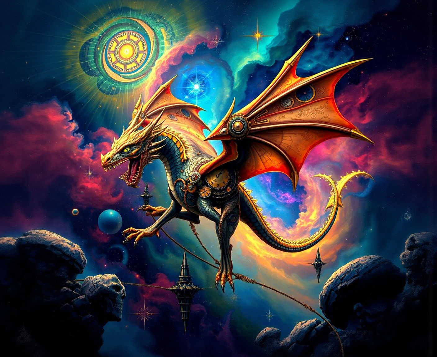 Clockwork Dragon Soaring Through Nebula, Fantasy Concept Art