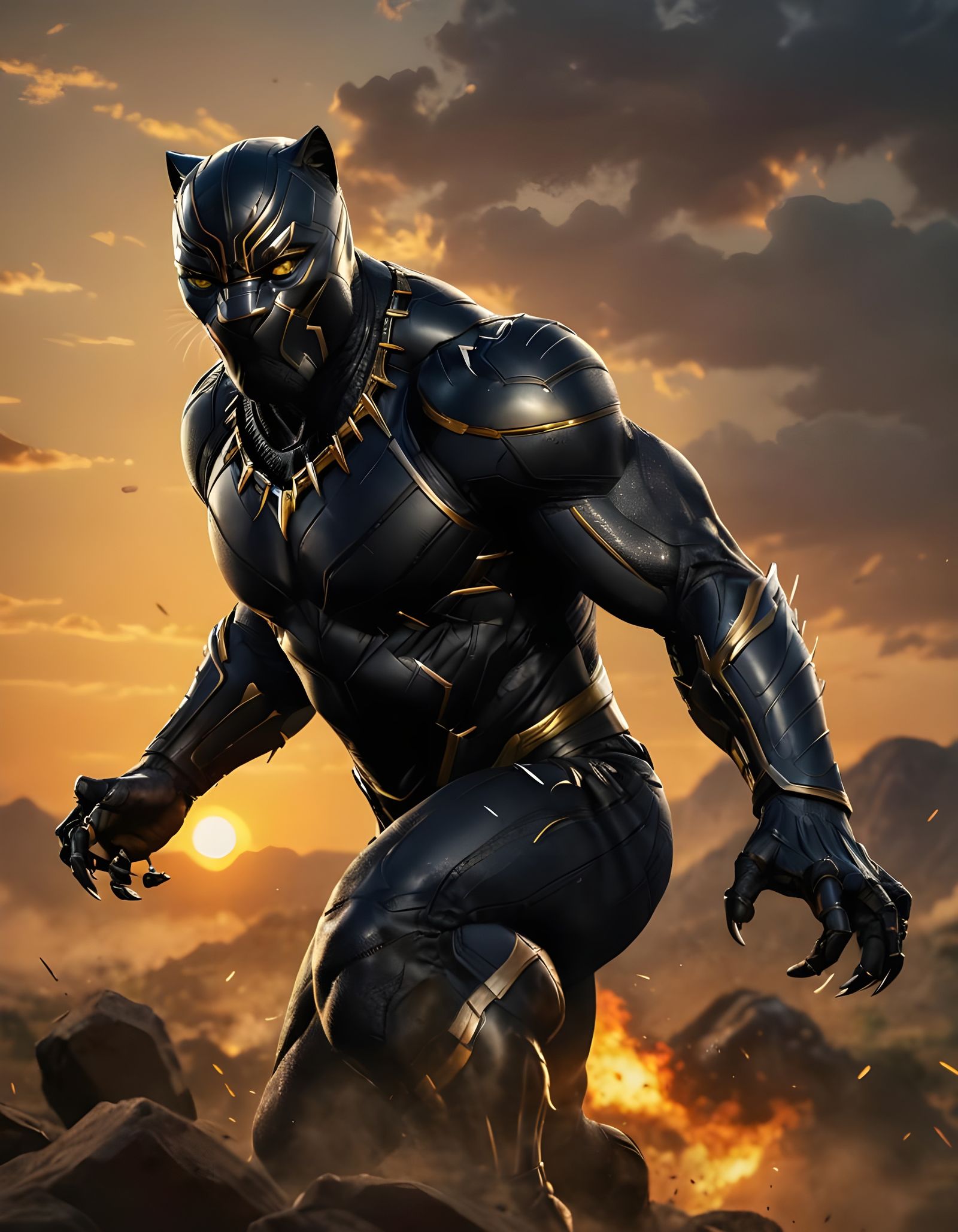 Black Panther in Battle: Hyperrealistic Sunset Portrait