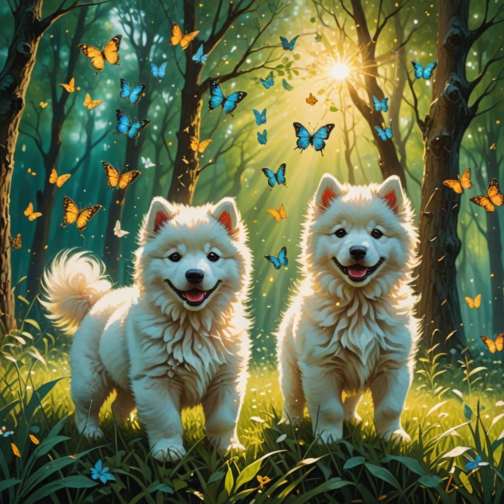 Whimsical Samoyed Puppies in Enchanted Greenery