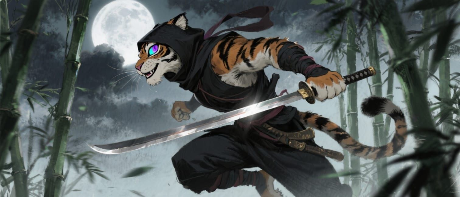 Tigress Shinobi in Bamboo Forest: Watercolour Anime