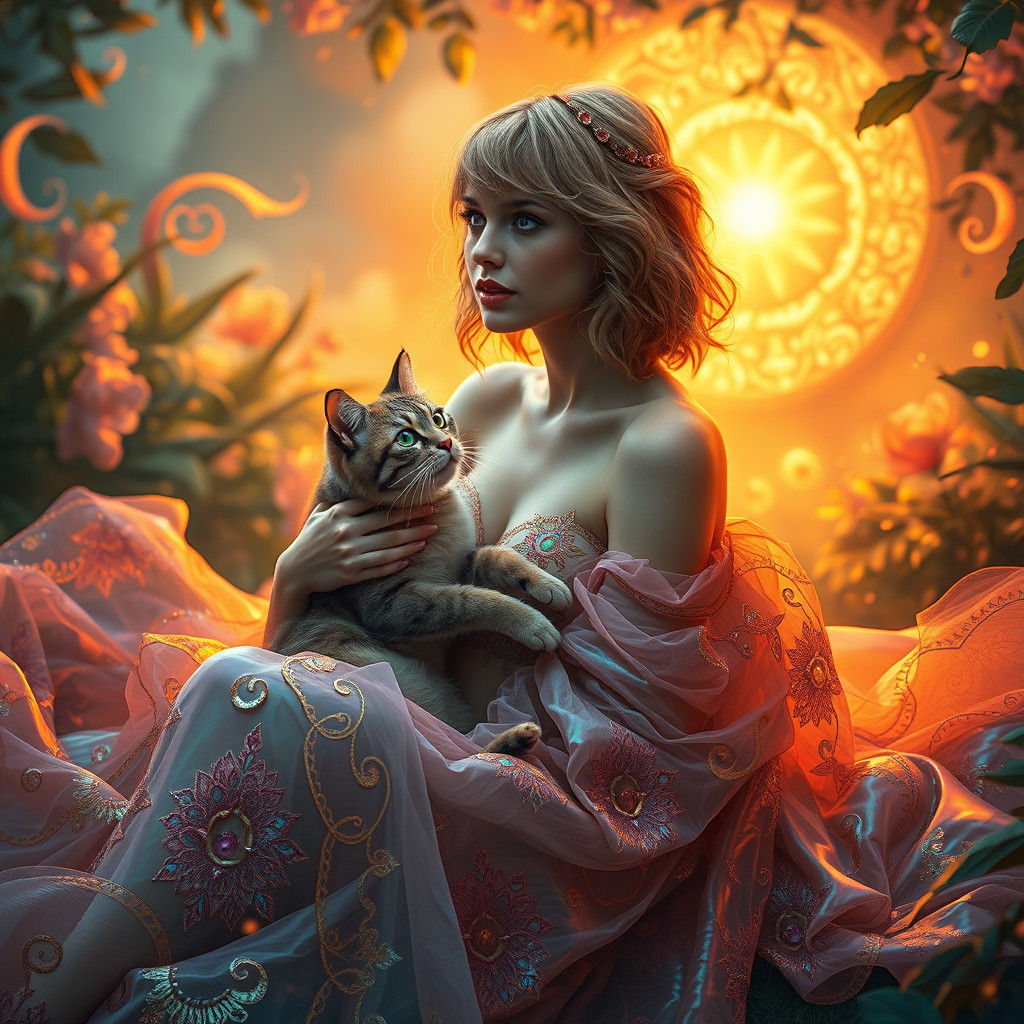 Woman with Cat in Iridescent Gown, Digital Art