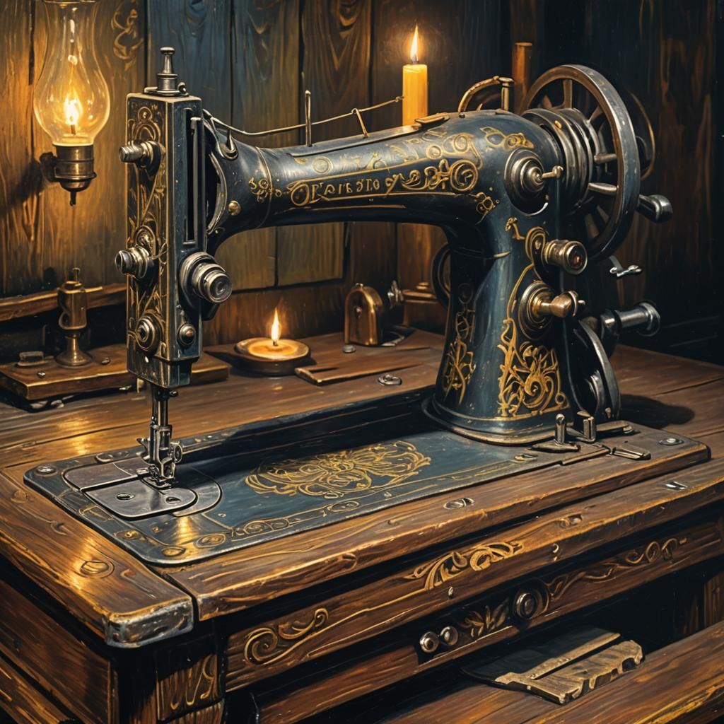 Antique Sewing Machine in Grungy Oil Chalk Painting