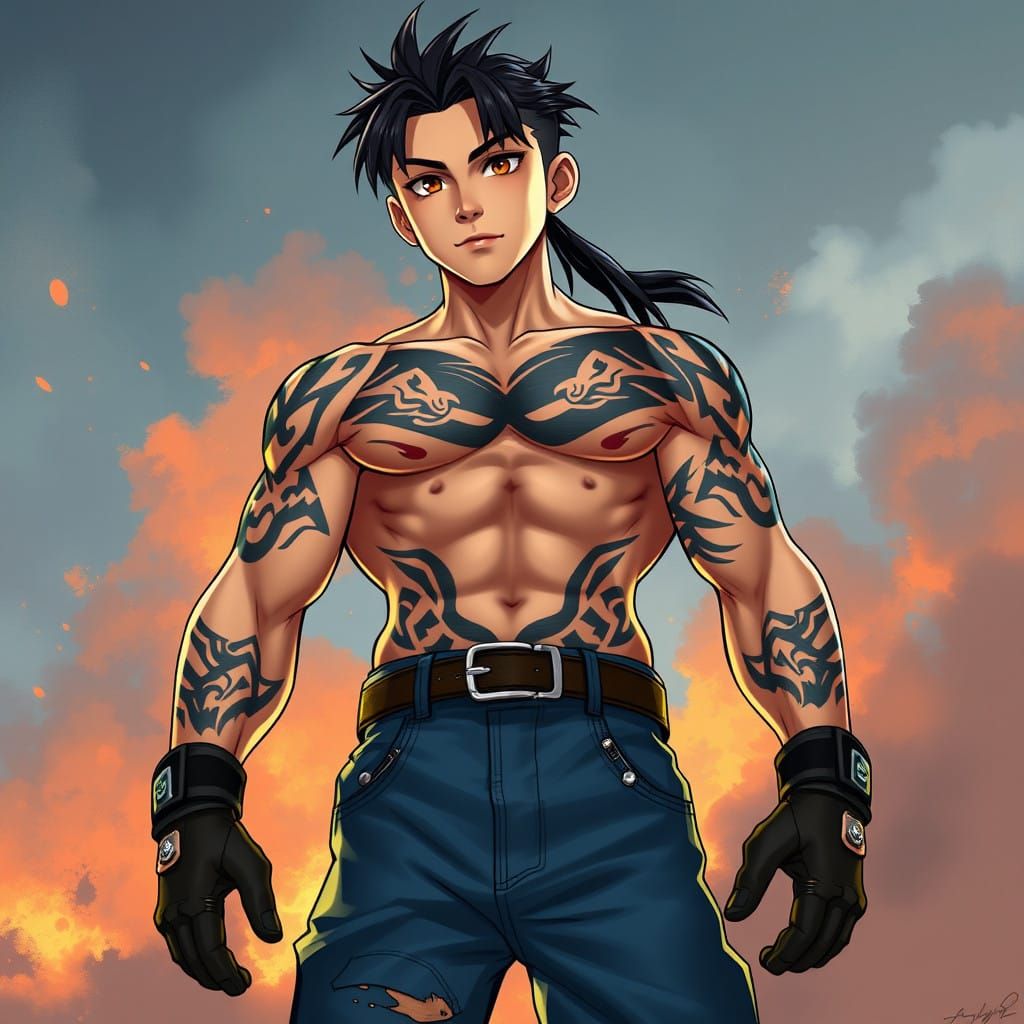 Confident Japanese Hero with Tribal Tattoos