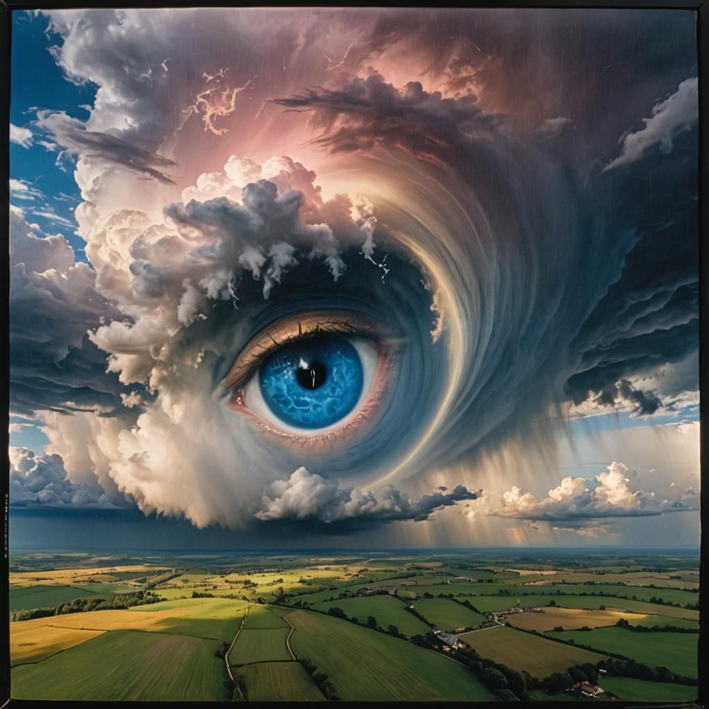Surreal Stormy Eye Over Peaceful Landscape