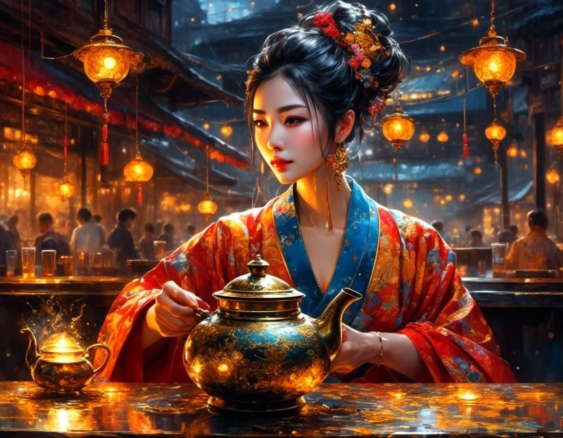 Confident Woman Pours Tea in Colorful Kimono