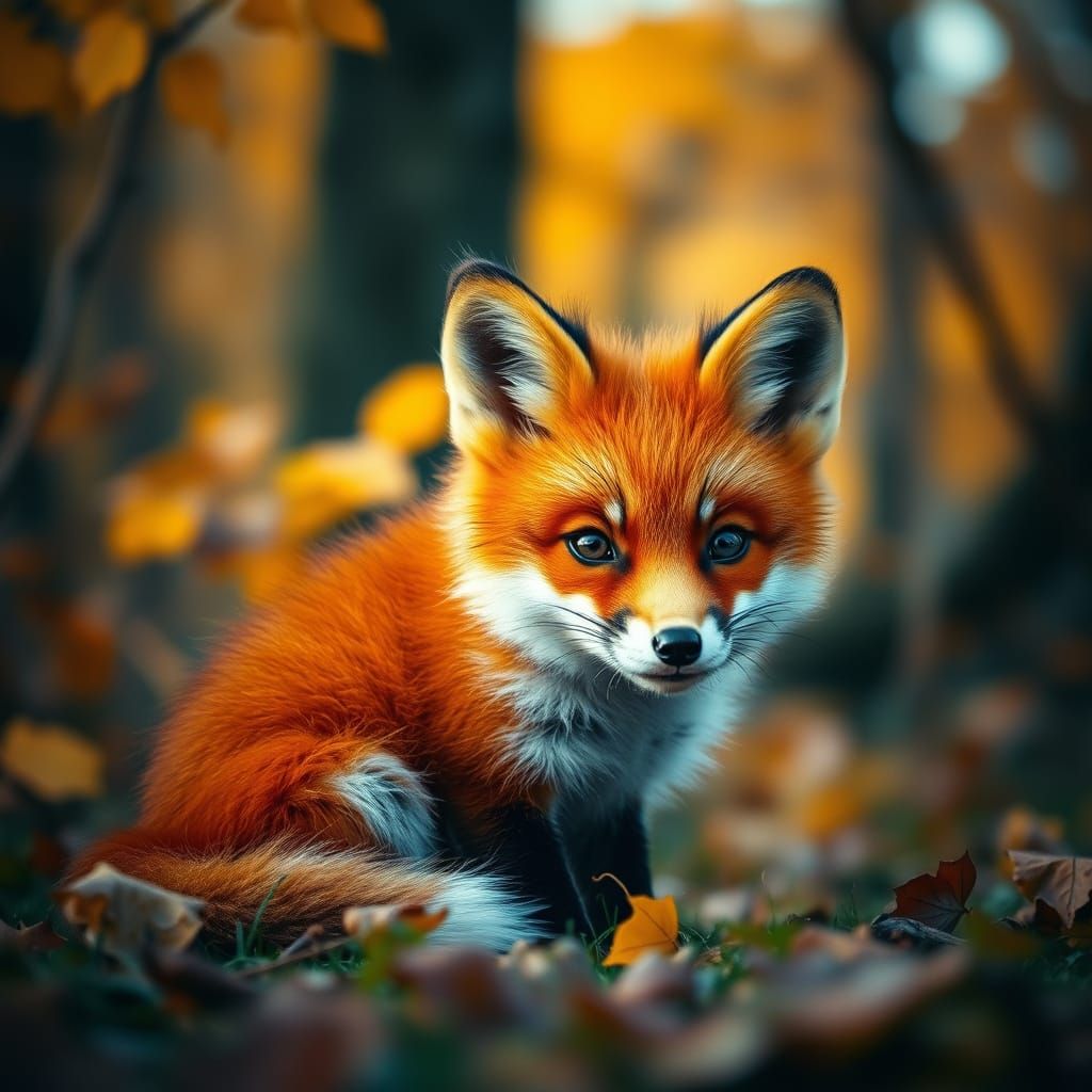 Adorable Red Fox Cub in Autumn Forest