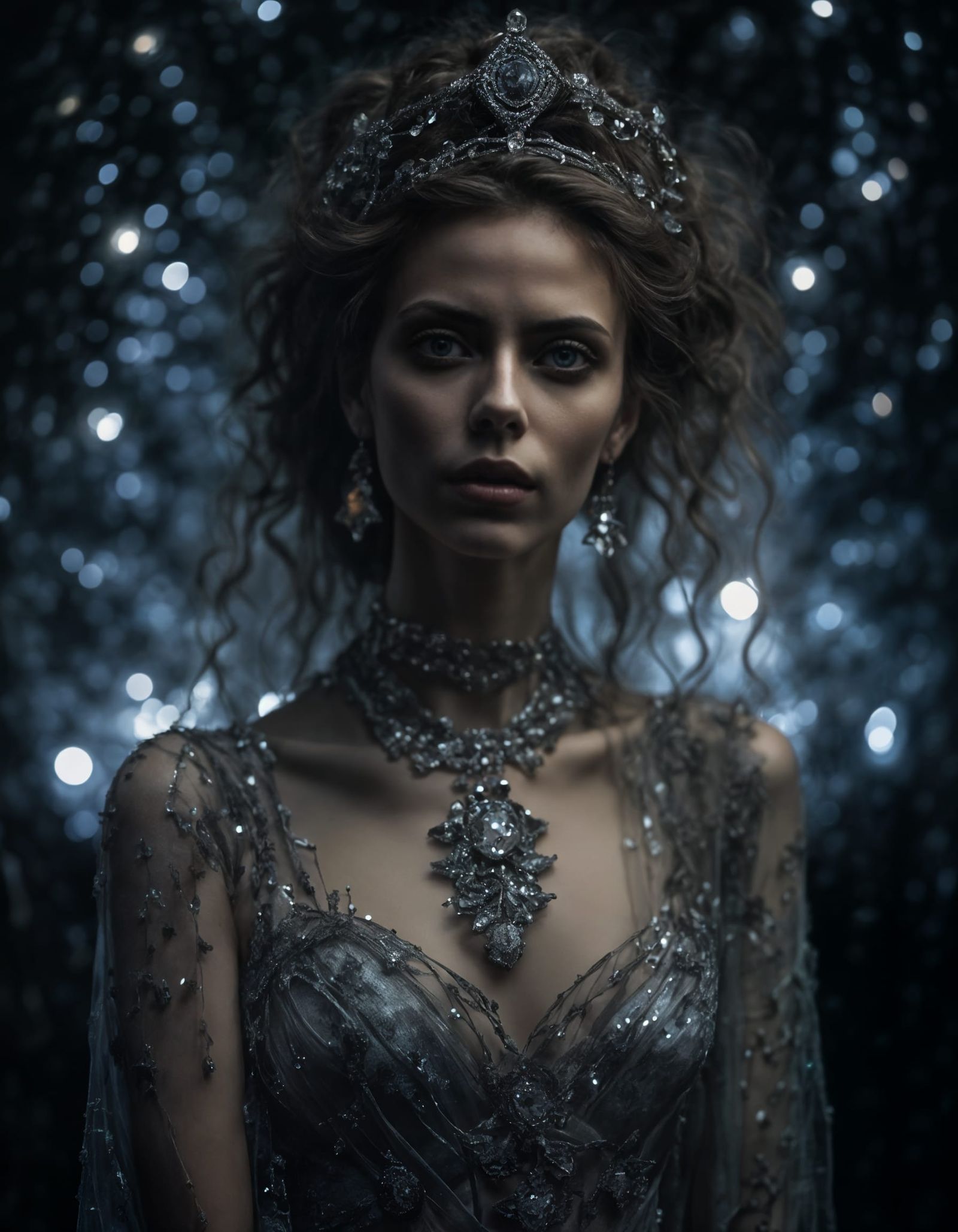 Woman in Glass Dress with Musical Note Sky