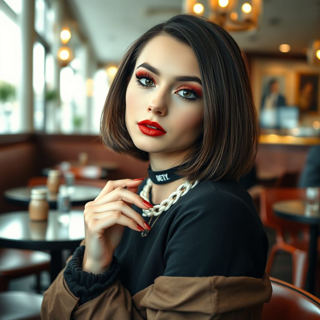 Elegant Portrait in Cafe with Avant-Garde Outfit