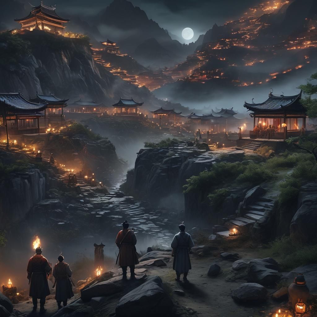 Feudal China Night Scene with Torches and Moonlight