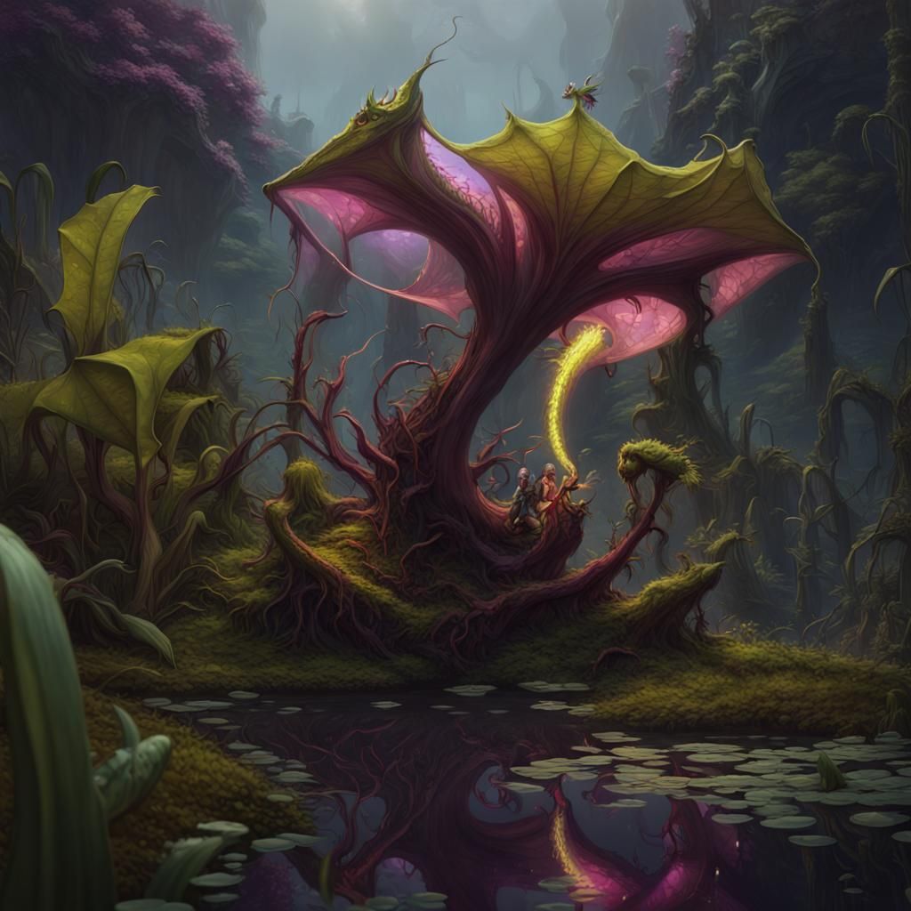 Carnivorous Plant Captures Dragon: Dark Fantasy Concept Art