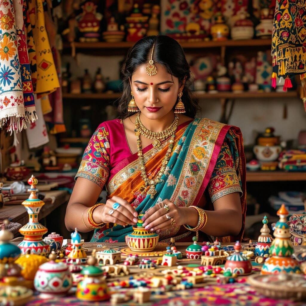 Indian Lady Crafts Wooden Toys in Folk Art Style