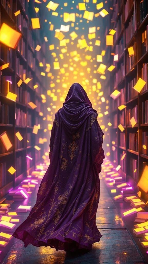Memory Weaver in Luminescent Cyberpunk Library