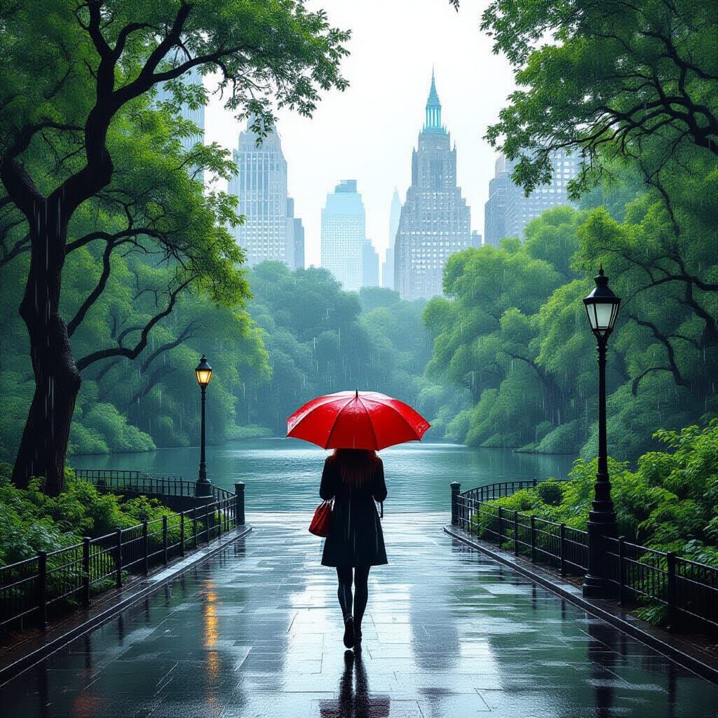 Central Park Rain Scene in Cinematic Style