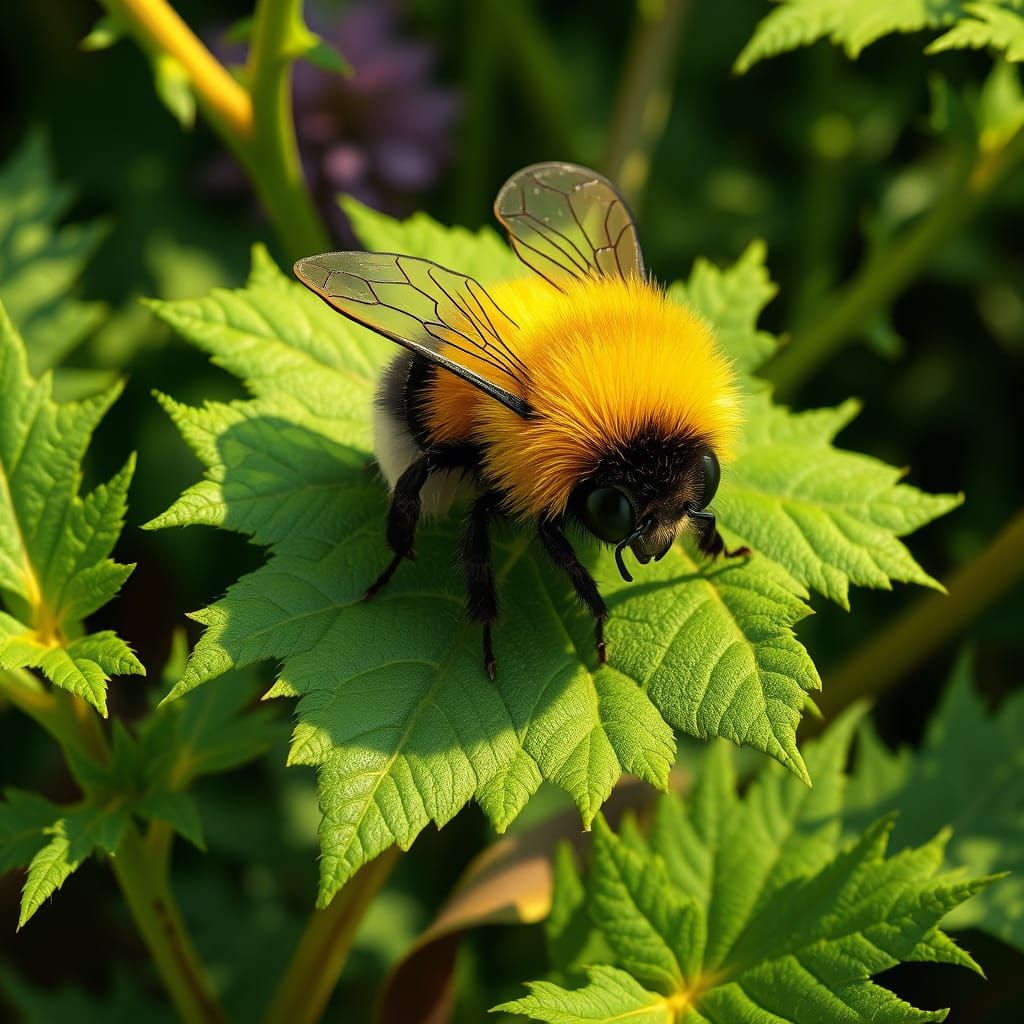 Sleepy Bumblebee on Burdock Leaf in Pixar Style