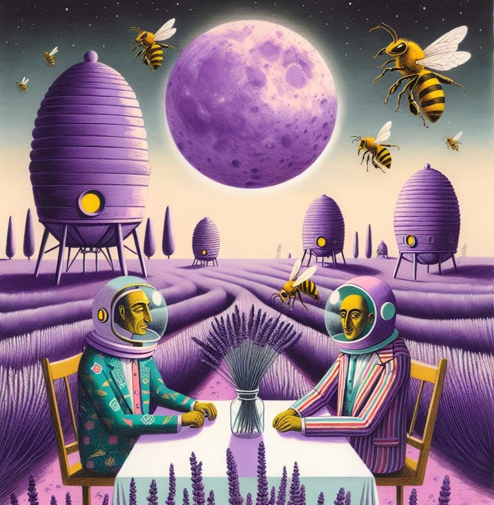 Surreal Lunar Landscape with Astronaut Beekeepers