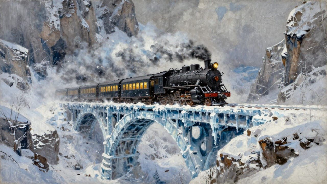 Steam Train on Icy Bridge, Winter Adventure