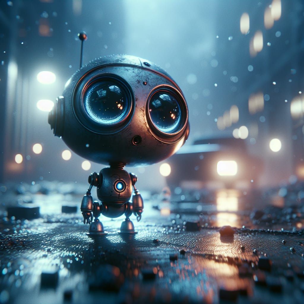 Adorable Tiny Robot with Big Eyes: Moody Digital Art