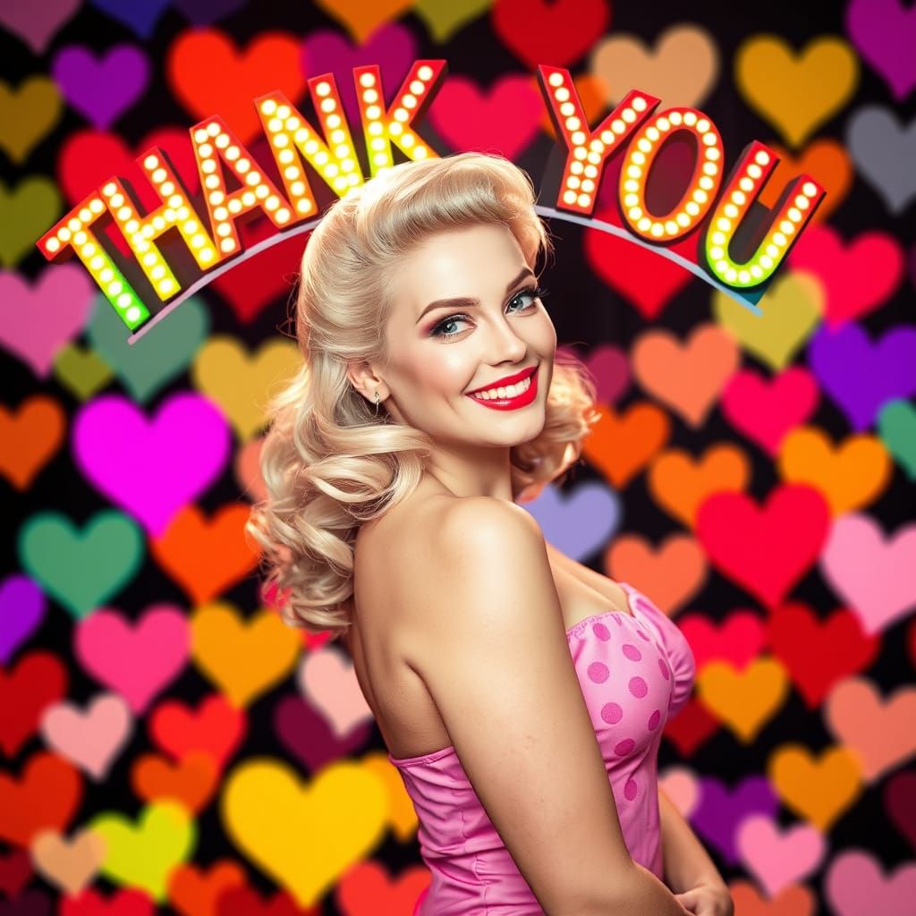 Glamorous Retro Pin-Up Girl in Heart-Filled Background