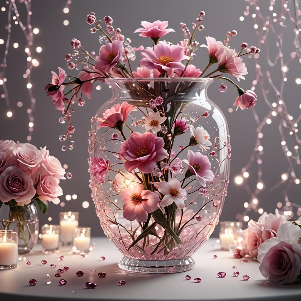 Pink Flowers in Glass Vase, Digital Matte Painting
