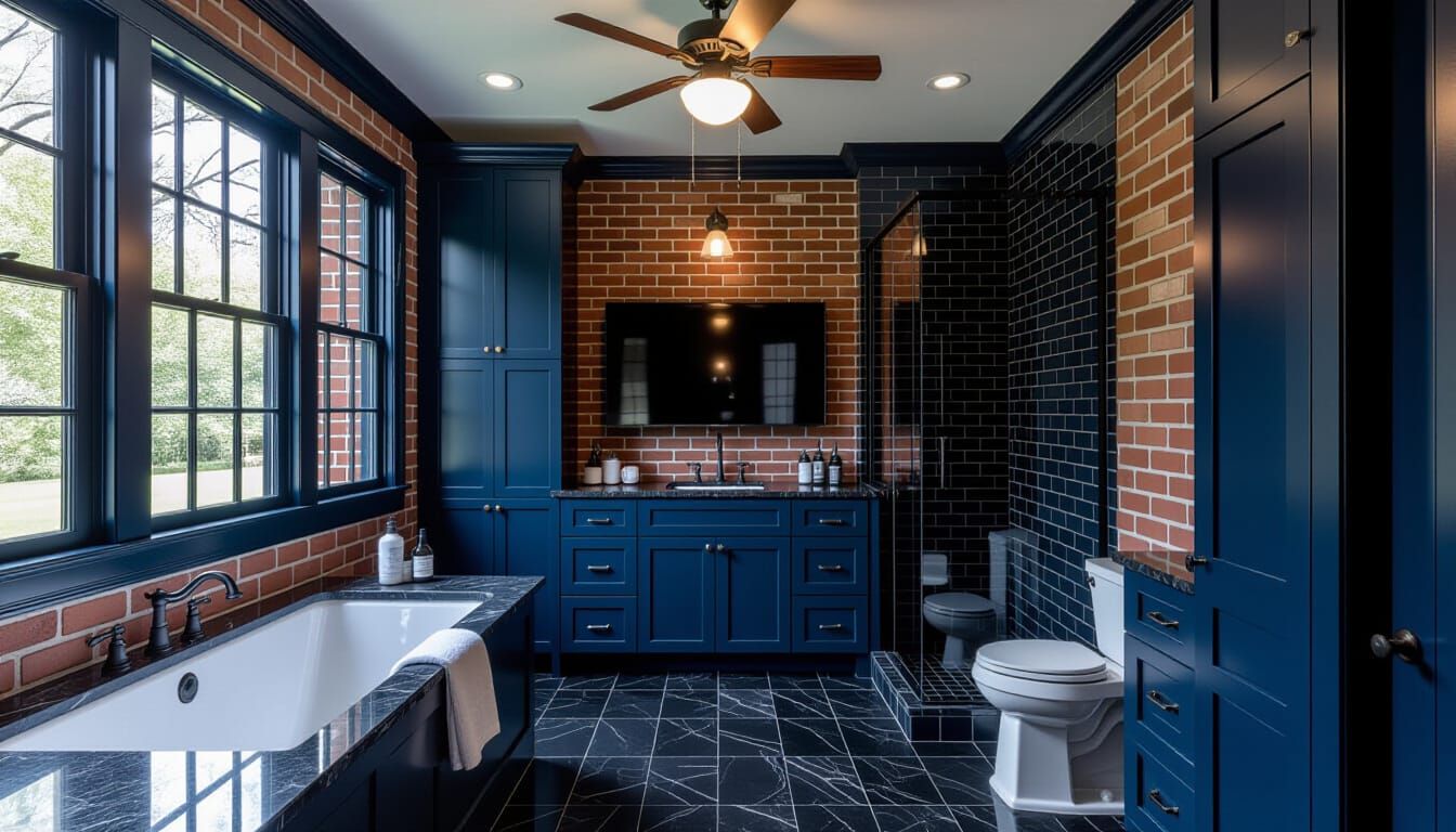Victorian Dark Blue Bathroom with Modern Touches