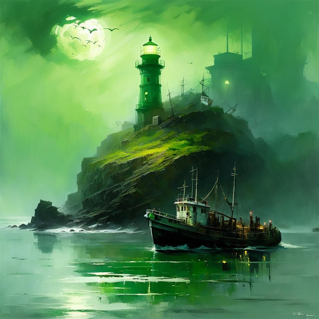 Eerie Ghost Ship at Lighthouse: A Matte Painting