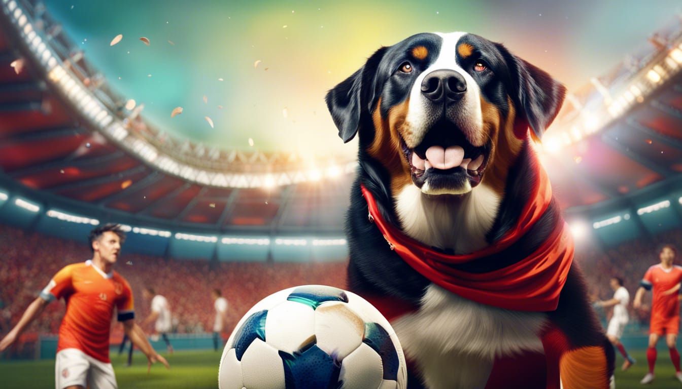 Swiss Mountain Dog Plays Soccer in Stadium