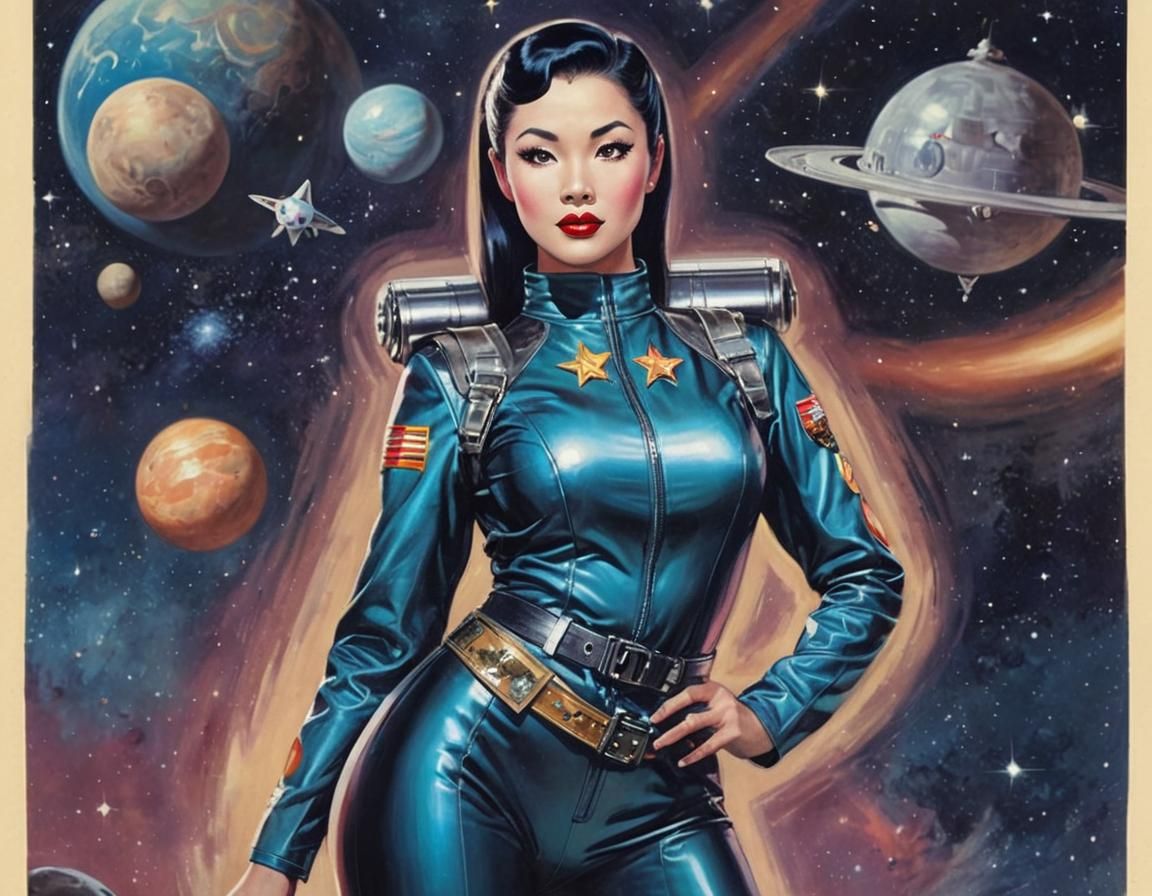 Retro Sci-Fi Pinup Girl in Watercolor Space Scene